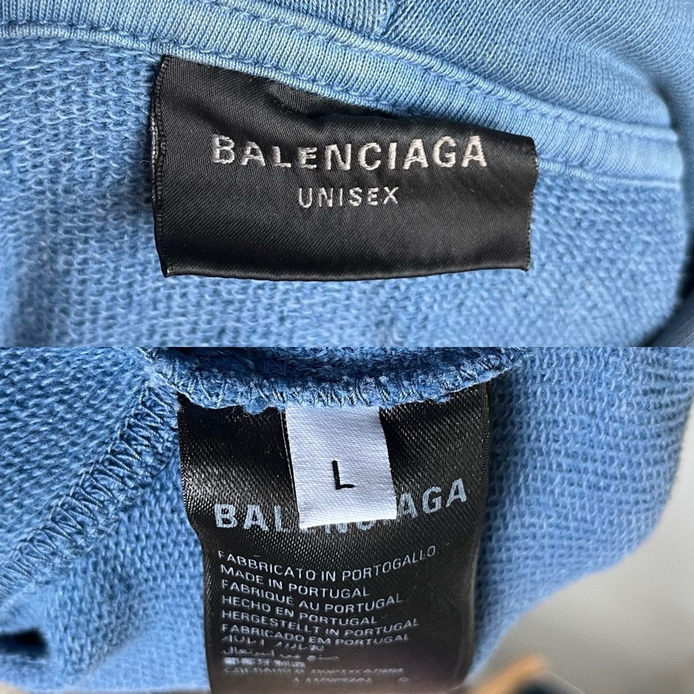 Balenciaga Men's Logo Tape Distressed Ripped Pocket Hoodie Oversized Faded Blue - Picture 12 of 15